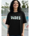 Kadın Kısa Kol Yazlık Tişört Bisiklet Yaka VIBES Baskılı T-Shirt - Siyah