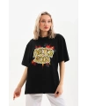 Kadın Kısa Kol Yazlık Tişört Bisiklet Yaka Ejderha Baskılı T-Shirt - Siyah