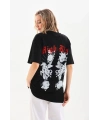 Kadın Kısa Kol Yazlık Tişört Bisiklet Yaka Baskılı Oversize T-Shirt - Siyah