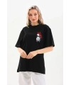 Kadın Kısa Kol Yazlık Tişört Bisiklet Yaka Baskılı Oversize T-Shirt - Siyah
