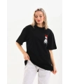 Kadın Kısa Kol Yazlık Tişört Bisiklet Yaka Baskılı Oversize T-Shirt - Siyah