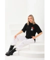 Kadın Kısa Kol Yazlık Tişört Bisiklet Yaka Baskılı Oversize T-Shirt - Siyah