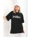 Kadın Kısa Kol Yazlık Tişört Bisiklet Yaka Baskılı Oversize T-Shirt - Siyah