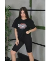 Kadın Kısa Kol Yazlık Tişört Bisiklet Yaka Baskılı Oversize T-Shirt - Siyah