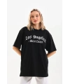 Kadın Baskılı Tişört Kısa Kol Bisiklet Yaka Oversize T-Shirt - Siyah