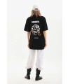 Kadın Kısa Kol Yazlık Tişört Bisiklet Yaka Baskılı Oversize T-Shirt - Siyah