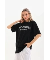 Kadın Baskılı Tişört Kısa Kol Bisiklet Yaka Oversize T-Shirt - Siyah