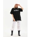 Kadın Kısa Kol Yazlık Tişört Bisiklet Yaka Baskılı Oversize T-Shirt - Siyah