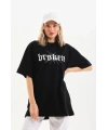 Kadın Kısa Kol Yazlık Tişört Bisiklet Yaka Baskılı Oversize T-Shirt - Siyah
