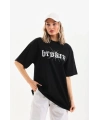 Kadın Kısa Kol Yazlık Tişört Bisiklet Yaka Baskılı Oversize T-Shirt - Siyah