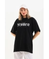 Kadın Kısa Kol Yazlık Tişört Bisiklet Yaka Baskılı Oversize T-Shirt - Siyah