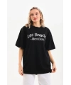 Kadın Baskılı Tişört Kısa Kol Bisiklet Yaka Oversize T-Shirt - Siyah