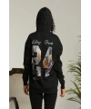 Kadın Oversize Kapüşonlu Cepli Baskılı 3 İplik Pamuklu Hoodie Sweatshirt - Siyah