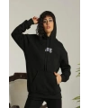 Kadın Oversize Kapüşonlu Cepli Baskılı 3 İplik Pamuklu Hoodie Sweatshirt - Siyah