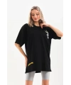 Kadın Kısa Kol Yazlık Tişört Bisiklet Yaka Baskılı Oversize T-Shirt - Siyah
