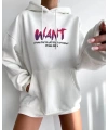 Kadın Oversize Kapüşonlu Cepli WANT Baskılı 3 İplik Pamuklu Hoodie Sweatshirt - Beyaz