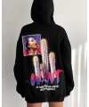 Kadın Oversize Kapüşonlu Cepli WANT Baskılı 3 İplik Pamuklu Hoodie Sweatshirt - Siyah