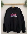 Kadın Oversize Kapüşonlu Cepli WANT Baskılı 3 İplik Pamuklu Hoodie Sweatshirt - Siyah