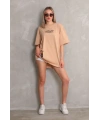 kadın Bisiklet Yaka Baskılı Oversize Kısa kol T-Shirt - Bej