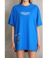 kadın Bisiklet Yaka Baskılı Oversize T-Shirt - Mavi