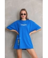 kadın Bisiklet Yaka Baskılı Oversize T-Shirt - Mavi