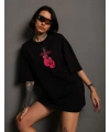 Kadın Kısa Kol Tişört Bisiklet Yaka Boxy Eldiven Baskılı T-Shirt - Siyah