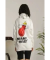 Kadın Oversize Kapüşonlu Cepli Baskılı 3 İplik Pamuklu Hoodie Sweatshirt - Beyaz