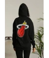 Kadın Oversize Kapüşonlu Cepli Baskılı 3 İplik Pamuklu Hoodie Sweatshirt - Siyah