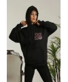 Kadın Oversize Kapüşonlu Cepli Baskılı 3 İplik Pamuklu Hoodie Sweatshirt - Siyah