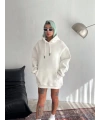 Kadın Kapüşonlu Kanguru Cepli 3 İplik Pamuklu Oversize Hoodie Sweatshirt - Beyaz