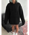Kadın Kapüşonlu Kanguru Cepli 3 İplik Pamuklu Oversize Hoodie Sweatshirt - Siyah