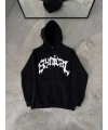 Kadın Kapüşonlu Kanguru Cepli Sweatshirt 3 İplik Pamuklu Baskılı Hoodie - Siyah