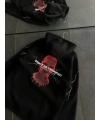 Kadın Kapüşonlu Kanguru Cepli Sweatshirt 3 İplik Pamuklu Baskılı Hoodie - Siyah
