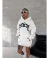 Kadın Oversize Kapüşonlu Cepli Baskılı 3 İplik Pamuklu Hoodie Sweatshirt - Beyaz