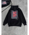 Kadın Kapüşonlu Kanguru Cepli Sweatshirt 3 İplik Pamuklu Baskılı Hoodie - Siyah