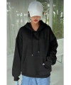 Kadın Kapüşonlu Kanguru Cepli 3 İplik Pamuklu Oversize Hoodie Sweatshirt - Siyah