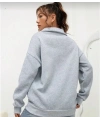 Kadın 3 iplik Pamuklu Uzun Kol Yarım Farmuarlı Yakalı  SweatShirt - Gri