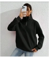 Kadın 3 iplik Pamuklu Uzun Kol Yarım Farmuarlı Yakalı SweatShirt - Siyah