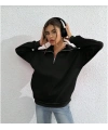 Kadın 3 iplik Pamuklu Uzun Kol Yarım Farmuarlı Yakalı SweatShirt - Siyah