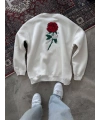 Kadın 3 iplik Pamuklu Bisiklet Yaka GÜL Baskılı SweatShirt - BeyazBeyaz