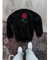 Kadın Oversize Kapüşonlu Cepli GÜL Baskılı 3 İplik Pamuklu Hoodie Sweatshirt - Siyah