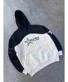 Kadın 3 İplik Pamuklu Parçalı Nakış İşlemelı Kapüşonlu SweatShirt Hoodie - Siyah