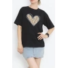 14 Şubat Sevgililer Günü Leopar Kalp Baskılı Oversize Bisiklet Yaka T-shirt - Siyah