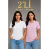 2li Kadın Polo Yaka Pike Kumaş Düğmeli Basic Tişört Günlük Rahat Kesim - Beyaz, Pembe