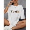 20/1 Penye Compack Baskılı Oversize Kahve Desenli Kadın Kısa Kol T-shirt - Beyaz