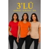 3’lü Kısa Kollu Bisiklet Yaka Basic Slim Fit T-Shirt - Kırmızı - Turuncu - Bej