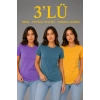 3’lü Kısa Kollu Bisiklet Yaka Basic Slim Fit T-Shirt - Mor - Petrol Mavisi - Hardal