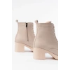 5109-3025 Bej Bağcıklı Fermuarlı Kalın Topuklu Günlük Kadın Bot