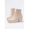 767-3020 Bej Fermuarlı Kalın Topuklu Günlük Kadın Bot