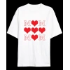 Anneler Günü Hediye MOM Kalp Baskılı Oversize Bisiklet Yaka T-shirt - Beyaz